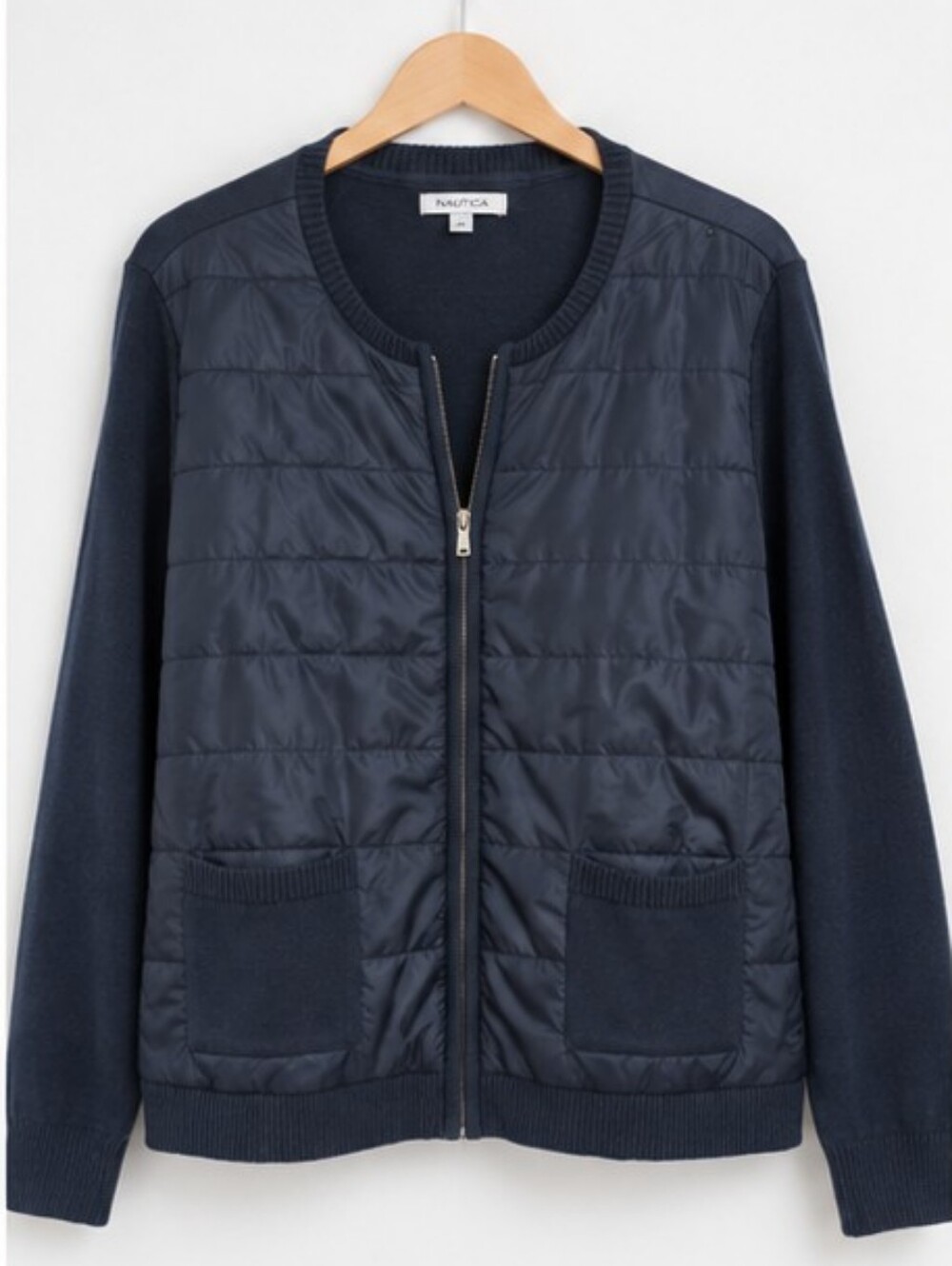 Nautica Women’s XL Quilted Front Zip Sweater Bomber Jacket Navy Blue